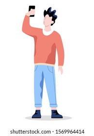 Young man with mobile phone. Male character holding smartphone. Isolated flat vector illustration