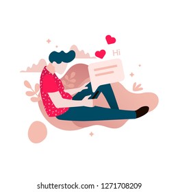 Young man with mobile phone texting love message. Vector flat illustration