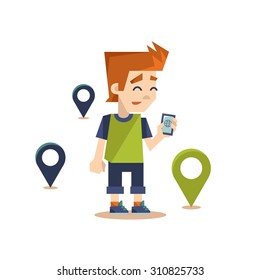Young man with mobile phone uses navigation. Flat illustration on isolated background. 