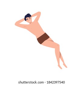 Modelo de hombre joven con cuerpo en forma tendido y relajado. Carácter masculino apuesto sonriente en ropa interior. Ilustración de dibujos animados vectoriales planos aislados en fondo blanco
