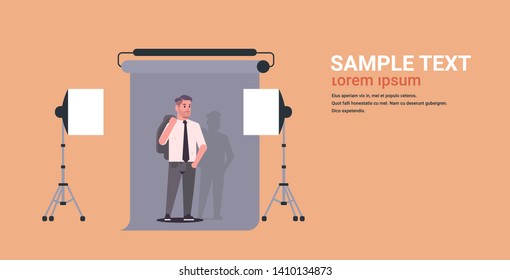 young man model in formal wear posing modern professional photo studio interior smiling male cartoon character office worker copy space flat full length
