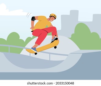 Young Man in Modern Clothing and Hardhat Jumping on Skateboard. Skateboarder Male Character Outdoors Activity. Skateboarding Boy Making Stunts on Board in Skatepark. Cartoon Vector Illustration