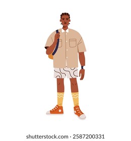 Young man in modern summer outfit. Trendy style African American male wearing fashion apparel, casual clothes, shirt, shorts, sneakers and socks. Flat vector illustration isolated on white background