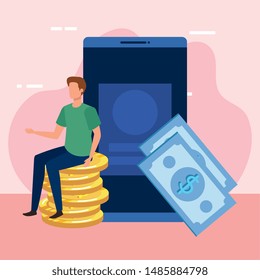 young man with money and smartphone