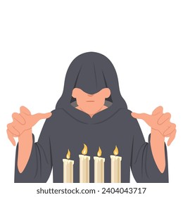 Young man Monk experiments with black magic and practices witchcraft. Flat vector illustration isolated on white background