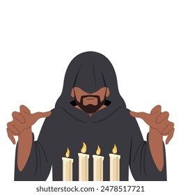 Young man Monk experiments with black magic. Flat vector illustration isolated on white background