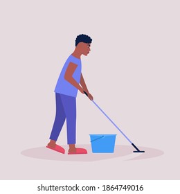 Young man mopping the floors. Housekeeping concept. Colorful flat vector illustration.