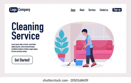 Young man mopping the floors. Housekeeping concept. Cleaning Service landing page. Colorful flat vector illustration.
