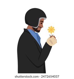 Young man motorbike rider with a flower side view. Flat vector illustration isolated on white background