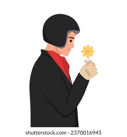 Young man motorbike rider with a yellow flower side view. Flat vector illustration isolated on white background
