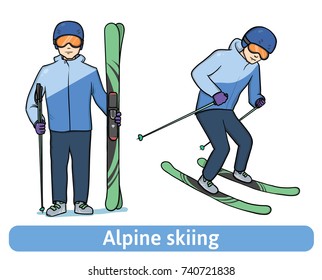 A young man with mountain ski, standing and in motion. Alpine skiing, extreme winter sport, active recreation. Vector Illustration, isolated on white background.