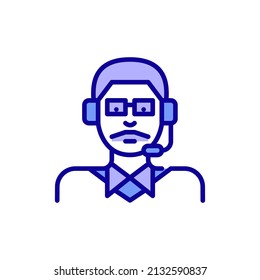 Young man with a moustache working as a support call center agent. Pixel perfect, editable stroke, color icon