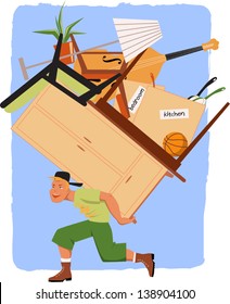 Young man mover with a pile of furniture on his back, vector cartoon