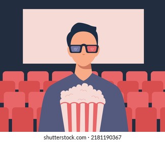 Young man at movie theater with pop corn bucket in hands and 3d glasses on the background of the screen. Cinema concept. Front view. Male watching a movie.Colorful vector illustration in flat cartoon