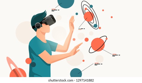 A young man moving objects around using a virtual reality VR headset. People vector illustration.