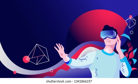 A young man moving objects around using a virtual reality VR headset. People vector illustration.