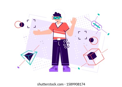 A young man moving objects around using a virtual reality VR headset. People vector illustration. modern innovative business technologies. corporate meetings with use glasses of veritable. Flat style