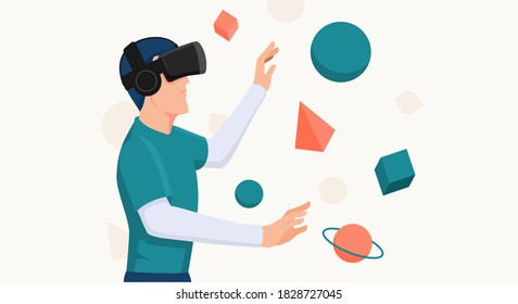 A young man moving objects around using a virtual reality VR headset, Modern technologies. The concept of future technology vector illustration