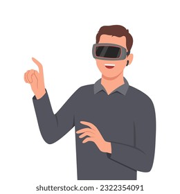 A young man moving objects around using a virtual reality VR headset. Flat vector illustration isolated on white background