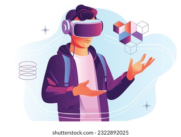 Un joven moviendo objetos usando un auricular de realidad virtual VR aumentaba la realidad AR. Ilustración vectorial. Gente.