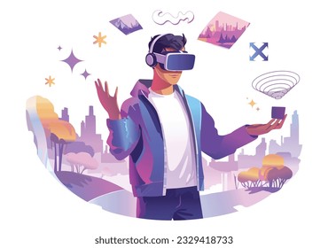 A young man moving objects around using a virtual reality VR augmented reality AR headset. Vector illustration. People.