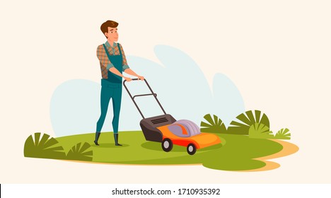 Young Man Mowing Lawn Flat Vector Illustration. Landscaping Service Worker, Gardener Cartoon Character. Smiling Guy In Overalls Working With Lawnmower. Grass Trimming, Gardening, Outdoor Chores