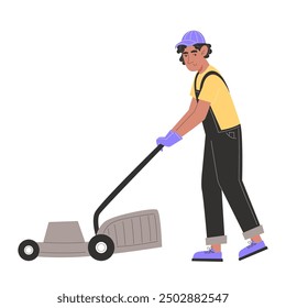 A young man mows the lawn with a lawnmower