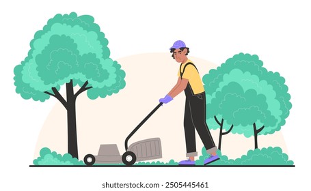 A young man mows the lawn with a lawnmower