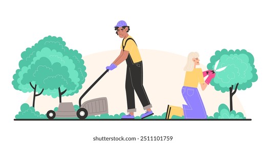 A young man mows the lawn with a lawnmower and elderly woman trims bushes in the garden