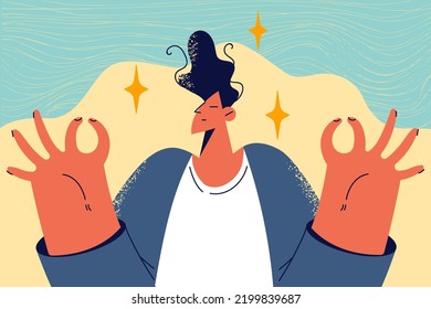 Young man with mudra hands meditate relieve negative energy. Male practice yoga thinking positive. Stress free and meditation concept. Vector illustration. 