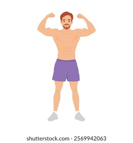 Young man with a muscular build is shown with his arms raised in the air. Flat vector illustration isolated on white background