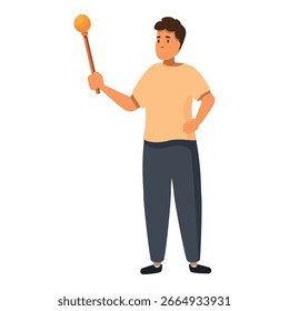 Guía del museo del hombre joven que sostiene el puntero telescópico del palillo que muestra las ilustraciones, aisladas en el fondo blanco