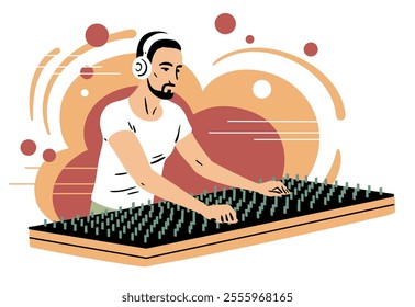 Young man with a music mixing console. Professional sound engineer and mixer. Recording studio and concert. Flat vector illustration isolated on white background