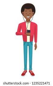Young man with music player
