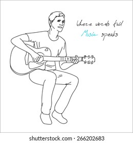 young man musician guitar player sitting and playing the guitar, vector illustration