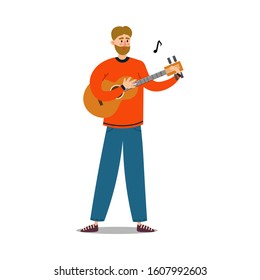 Young man musician playing acoustic guitar vector illustration