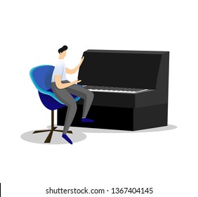 Young Man Musician Playing Classic Keyboard Instrument Piano Preparing for Concert. Music Lesson, Training. Practicing Artist Isolated in White Background. Cartoon Flat Vector Illustration, Clip Art.