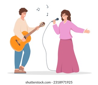 Joven músico tocando guitarra y mujer con sonido de micrófono. La profesión de la música o el hobby creativo del arte, el concepto de "Song at Karaoke Bar" o "Night Club". Dibujo vectorial o ilustración de carácter plano.