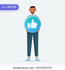 Young man with mustache holding big blue thumb up icon in isolated background. 3D style vector illustration. Like concept