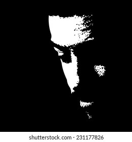 Young man with mustache looking down illuminated in the dark. Easy editable vector illustration.
