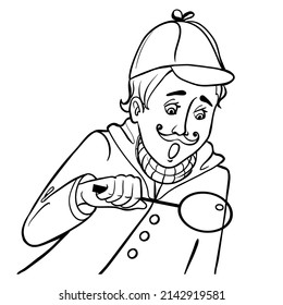 Young man with mustache with magnifying glass, outline illustration isolated on white. Vector image, eps10