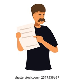 Young man with mustache pointing at document while holding it