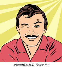 Young man with a mustache smiles and winks. Positive emotions: joy for the success 