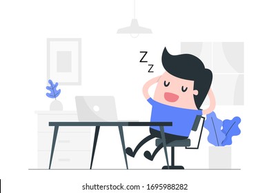 Young man napping at his desk. Resting concept illustration.