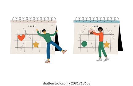 Young Man Near Huge Desk Calendar with Marked Appointment and Date Vector Set