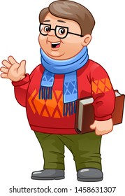 Young man nerd. Student geek character holds book.