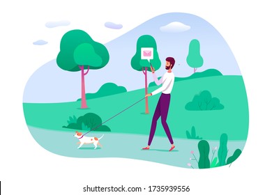 Young man networking during walking dog on leash outdoor in city park. Chatting in social media network, emailing on walk. Internet technology communication in human life. People gadget addiction