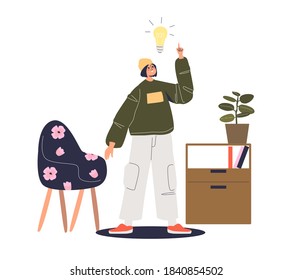 Junge Menschen mit neuer kreativer Idee für Unternehmensgründungen, moderner Hipster-Geschäftsmann, Freiberufler oder Web-Entwickler mit Glühbirnen-Denken über Start-up-Innovation. Vektorgrafik