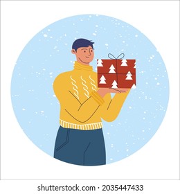 Joven con un regalo de Año Nuevo. Ilustración vectorial.