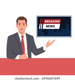 Hombre joven Ancla de Noticias en la TV Rompiendo el fondo de la Noticias. Ilustración vectorial plana aislada sobre fondo blanco